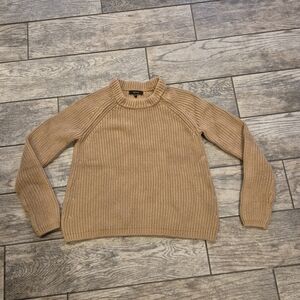 Quince 100% Organic Cotton Fisherman Crew Sweater XS Camel Tan Ribbed Knit